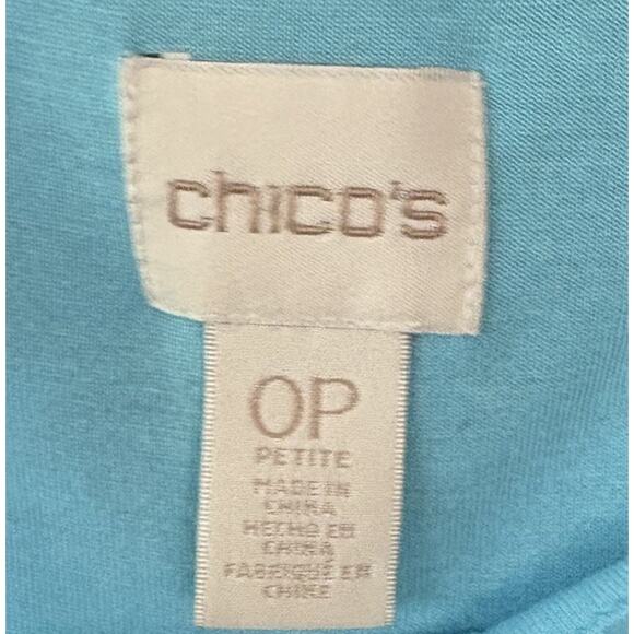 Chico’s Turquoise Tunic Blouse Asymmetric Sheer Overlay 3/4 Sleeves Size 0P (S) - Picture 3 of 4